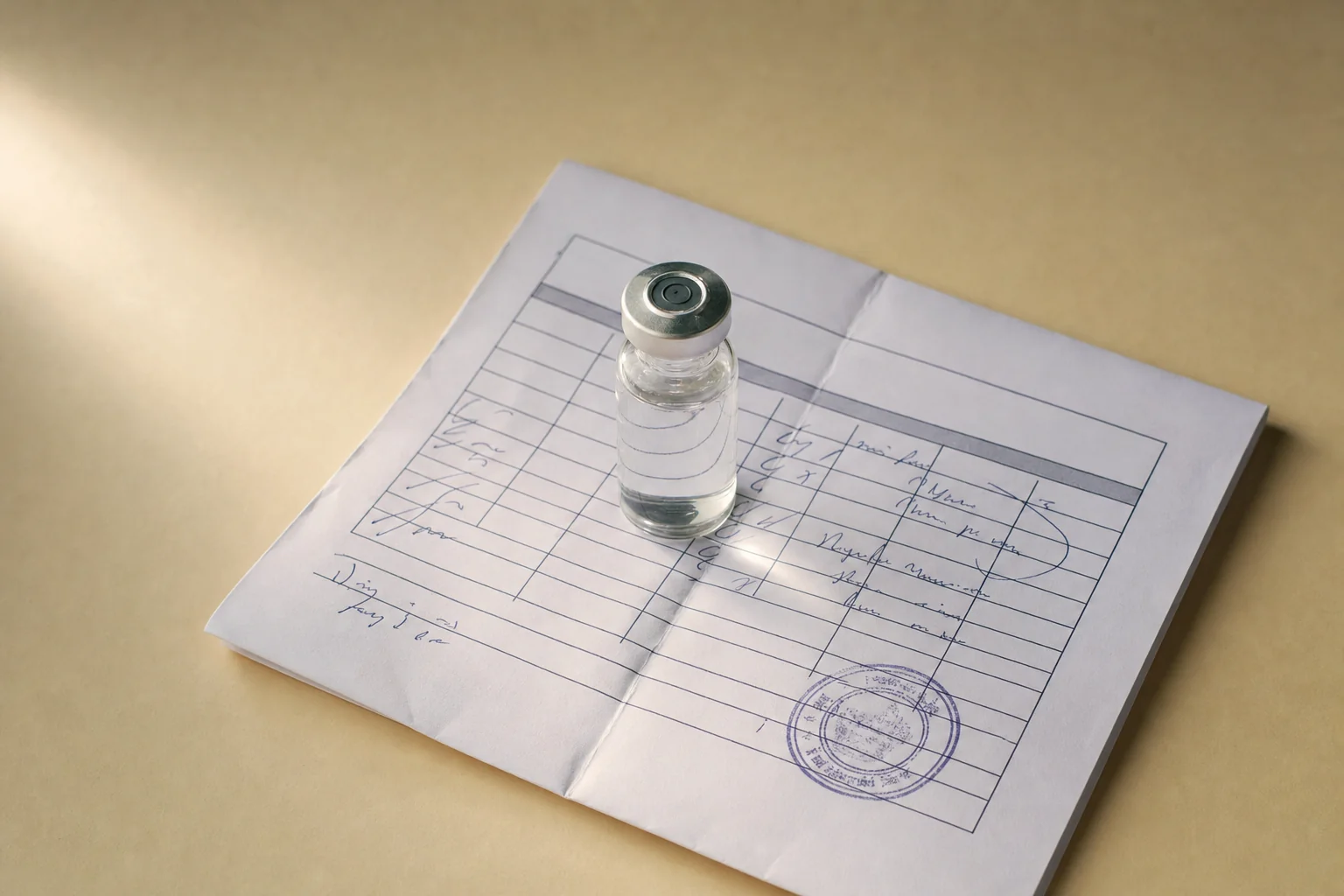 A peptide vial sitting on a certificate of analysis.