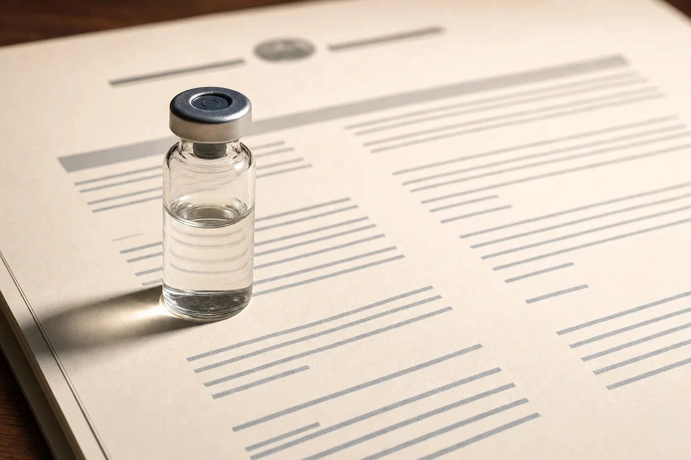 An unmarked glass vial on a printed document.