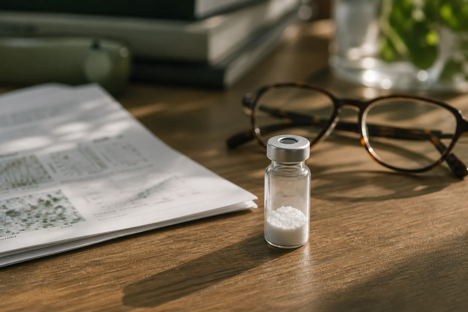 A research vial of white lyophilised powder on a walnut desk.