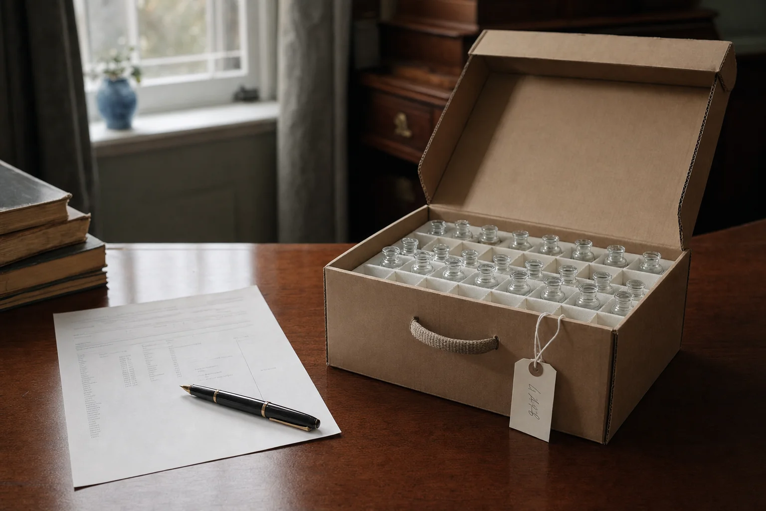Regulatory documents, sample vials and trade paperwork on a long conference table in late London light.